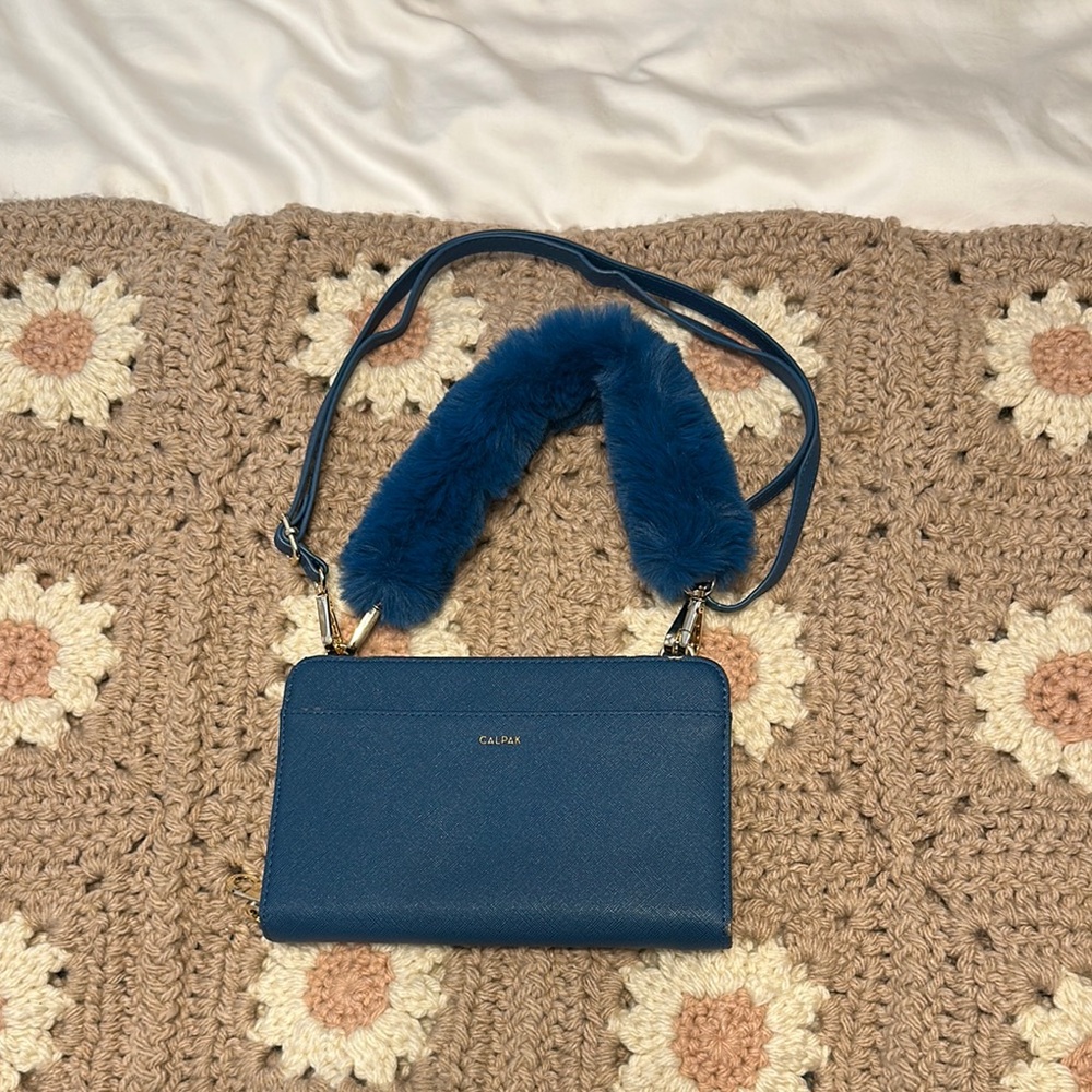 Calpak Deep Sea Travel Wallet Crossbody Bag with Plush Strap